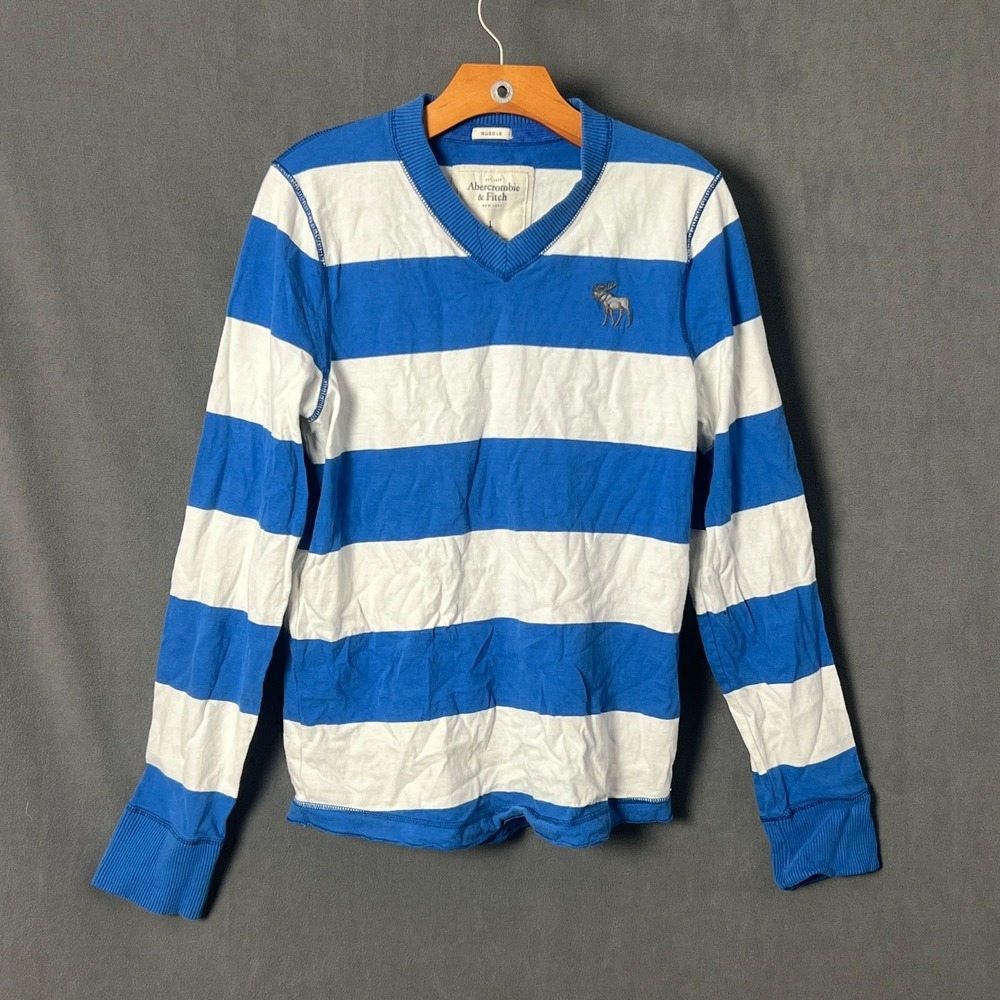Vintage Abercrombie & Fitch V-Neck Rugby Shirt Mens Large Blue White Striped Y2K